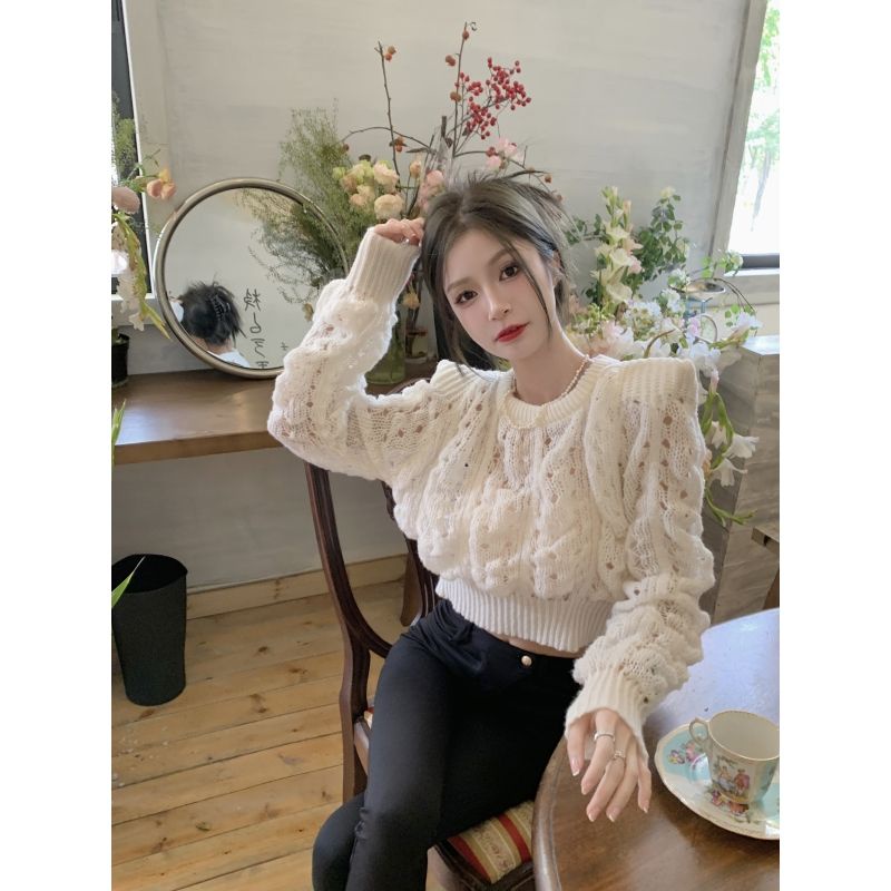 Jiashucheng Áo Sweater Tay Phồng Mỏng Dáng Ngắn Thiết Kế Xoắn Eo Dài Tay Phong Cách Cho Nữ