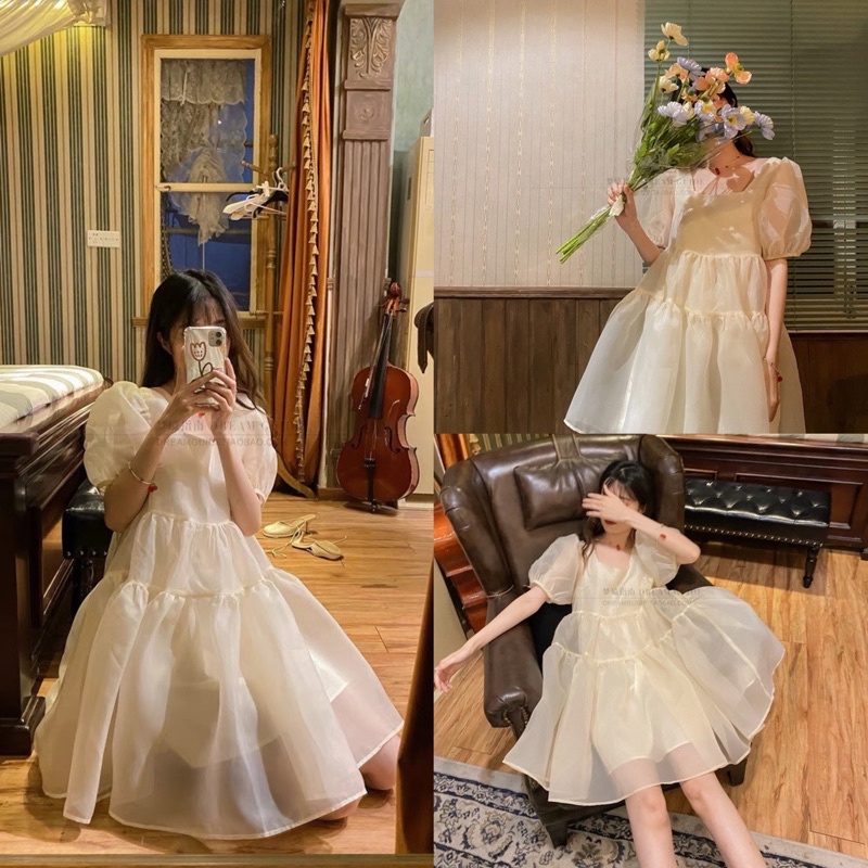 Váy babydoll xòe dạo phố màu kem tay phồng tơ óng bánh bèo siêu xinh DC-0056-babytee