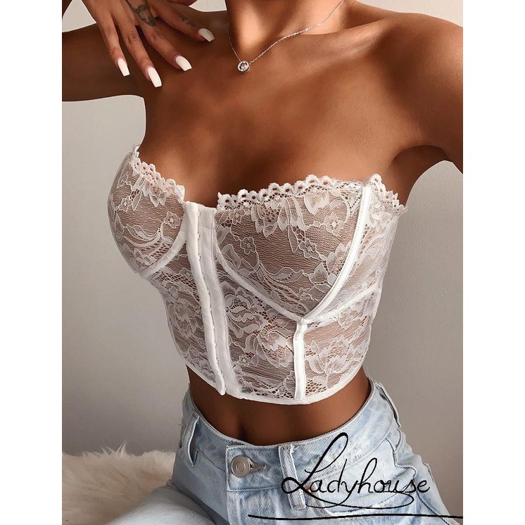 Áo crop top hở lưng màu trơn phối ren xuyên thấu gợi cảm màu trắng/đen cho nữ