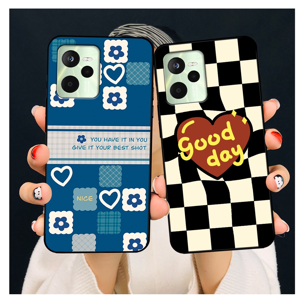 Ốp lưng Realme C35 in hoạ tiết caro trái tim đen trắng, gấu bear cute đáng yêu
