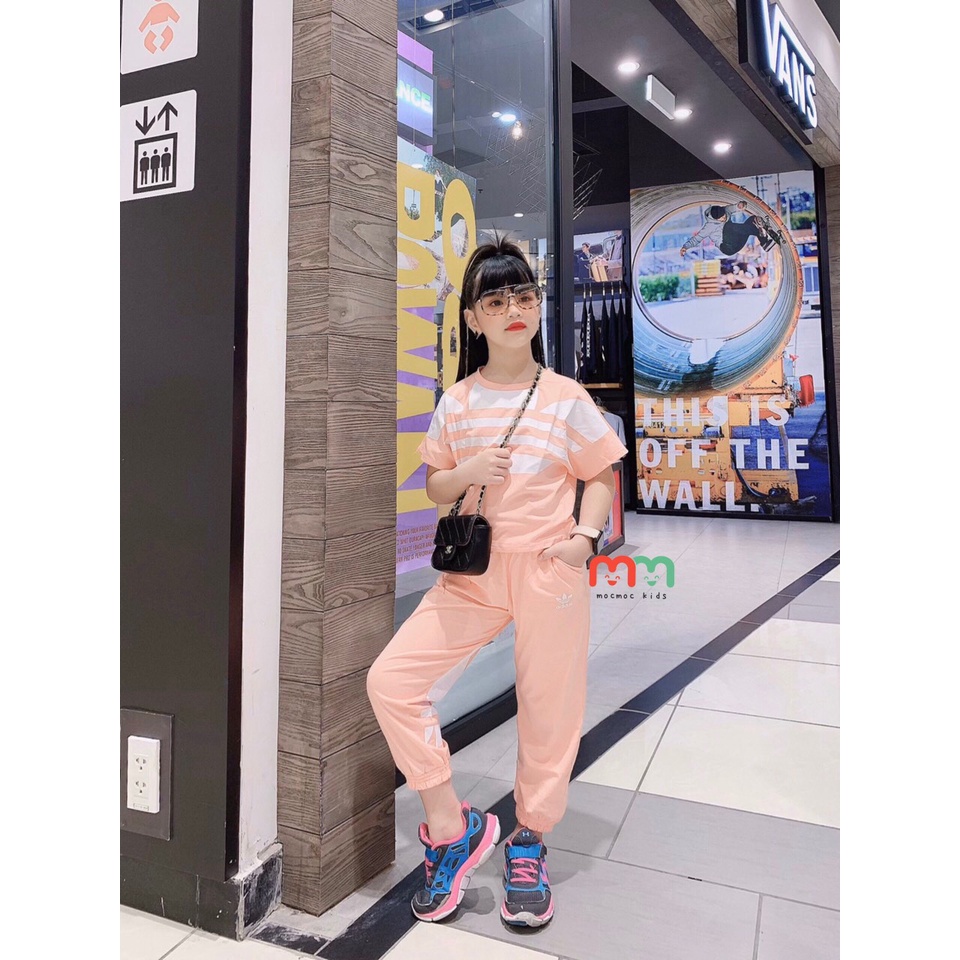 Set thể thao bé gái cá tính áo croptop rộng cánh dơi quần jogger rộng thun cotton cao cấp mềm mịn mát cho bé 20kg-46kg