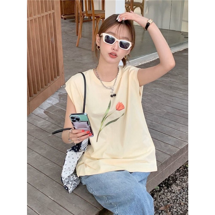 Jiashucheng Áo Thun Nữ Không Tay In Hình Hoa Tulip Phong Cách Hàn Quốc Mới
