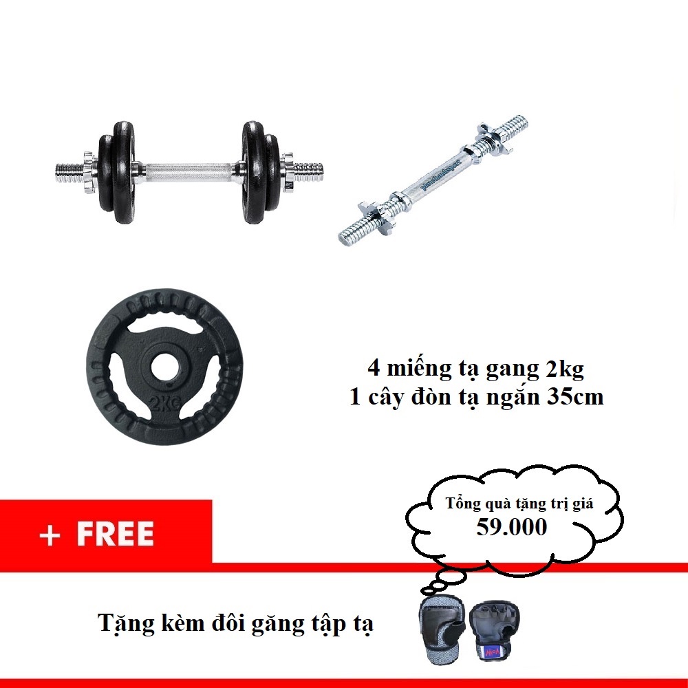 Bộ tạ tay tháo lắp miếng gang 9.5kg (1 đòn 35cm + 4 miếng 2kg) + tặng găng tay có cuốn