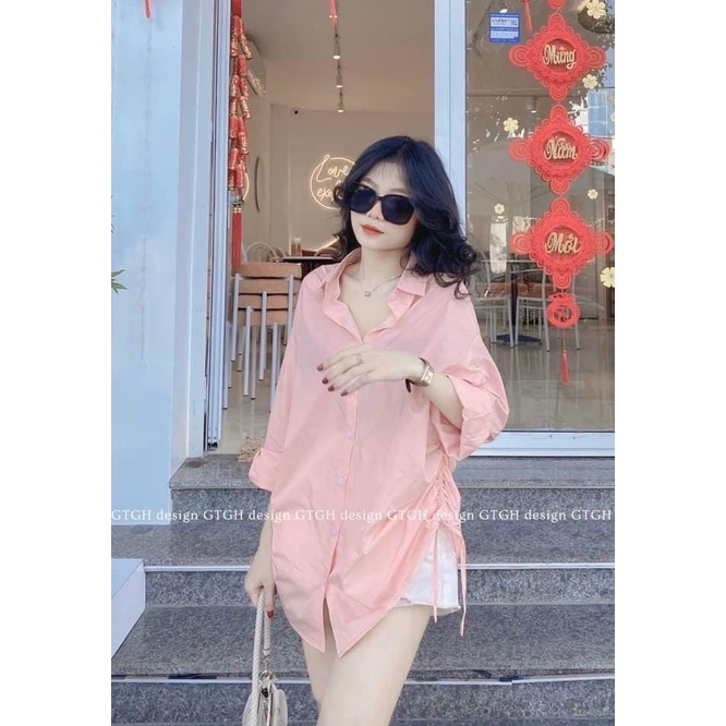 Áo sơ mi form rộng phối dây rút 2 bên sườn siêu xinh - SHOP THƠM PHẠM