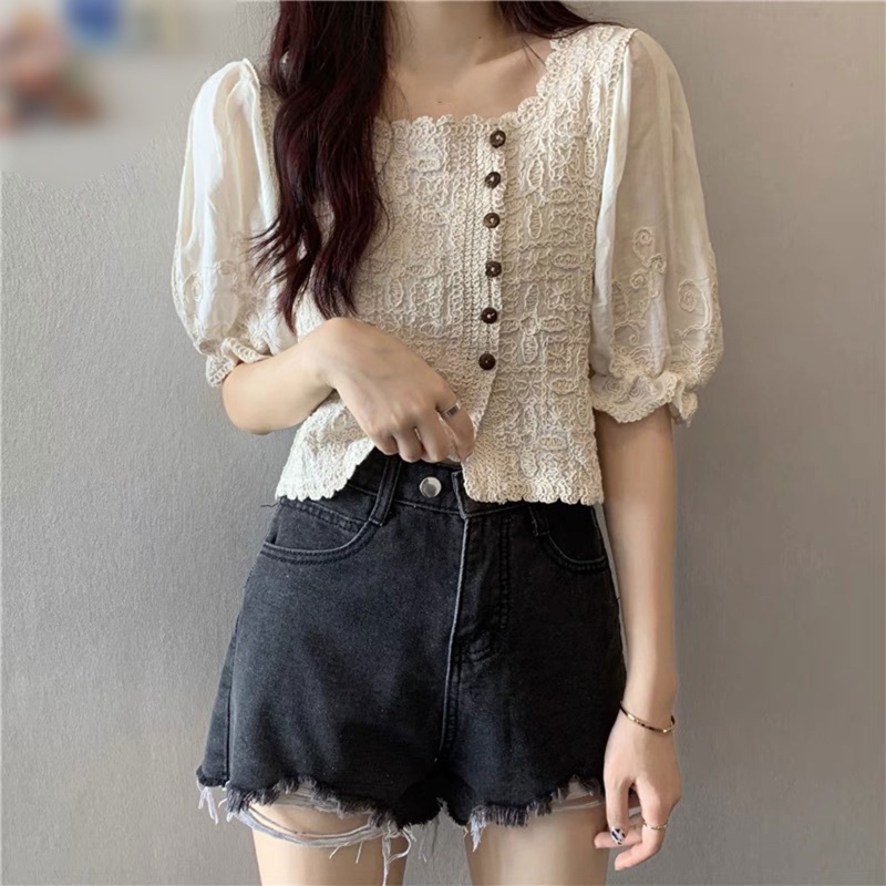Áo Kiểu Cổ Vuông Tay Phồng Thêu Ren Phong Cách Pháp Ngọt Ngào Thời Trang Mùa Hè Cho Nữ