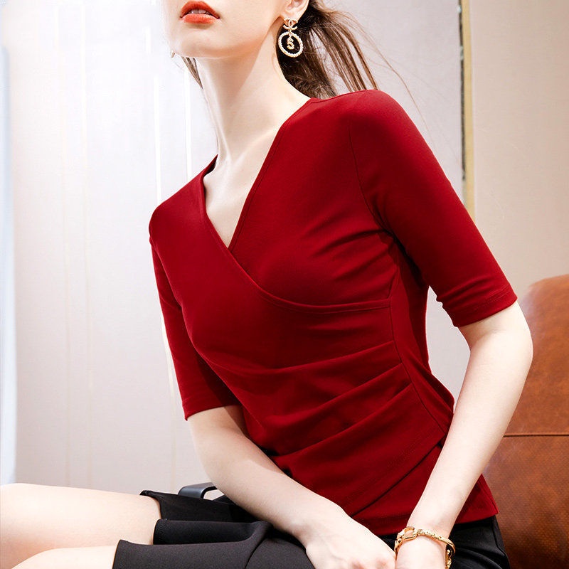 Áo Thun Tay Ngắn Cổ Chữ V Chất Liệu 95% Cotton Thời Trang Mùa Hè Cho Nữ