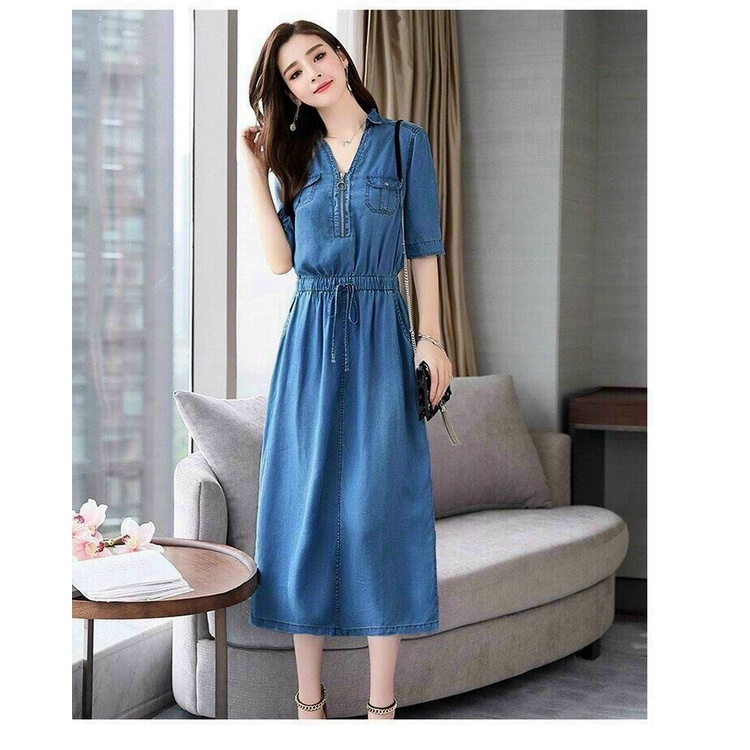 ĐẦM jean xoè lịch sự sang trọng  Chất: denim xuất khẩu Màu: xanh Size: M L