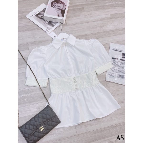 áo somi thiết kết,tay bồng,sơ mi GU phối đai cúc ngọc cao cấp-minxy shop