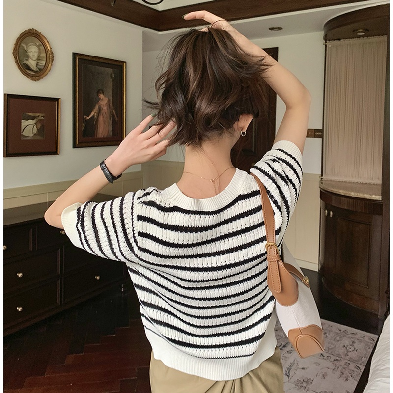 Áo Thun Dệt Kim Tay Ngắn Họa Tiết Kẻ Sọc Thời Trang Mùa Hè Hàn Quốc Hàng Mới 2022 Dành Cho Bạn Nữ