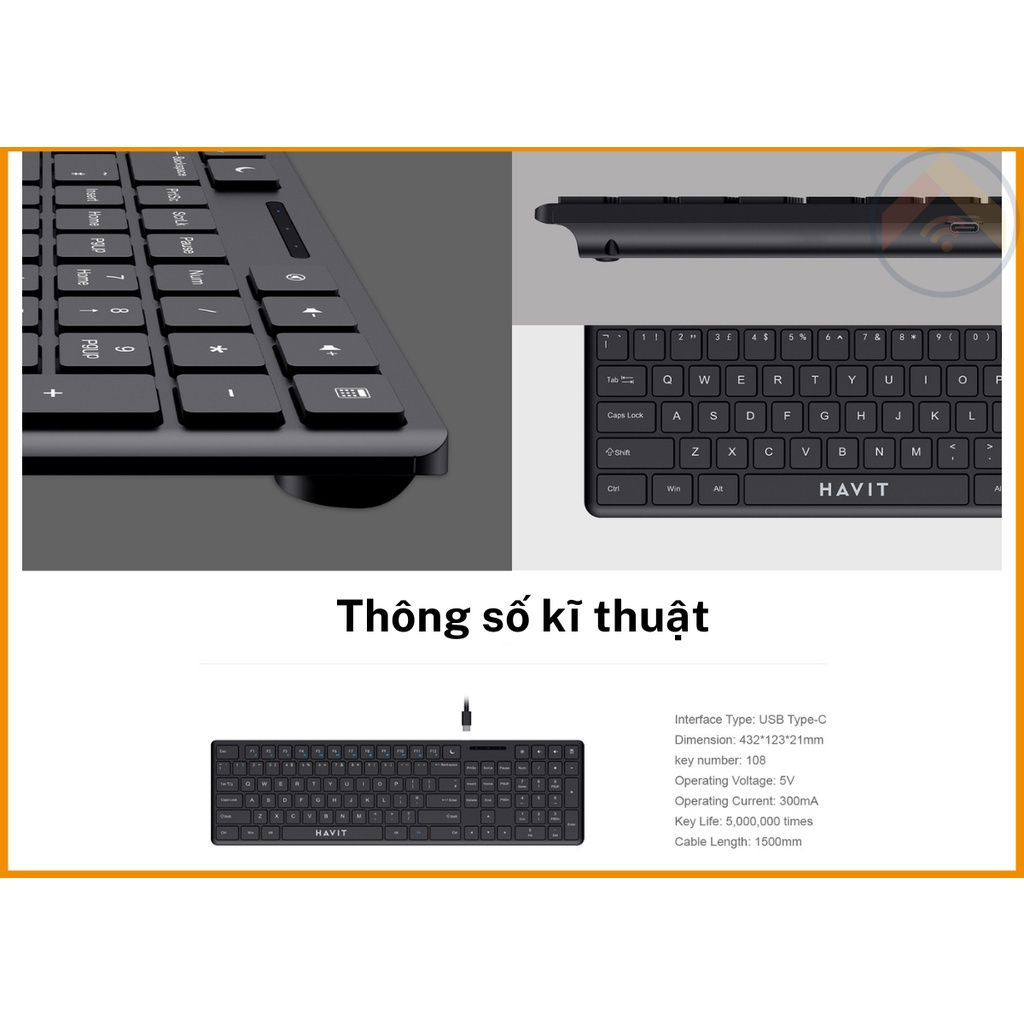 Bàn phím văn phòng có dây HAVIT KB252 Full-size 108 phím Cổng USB 1.5m Đen