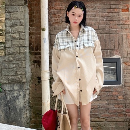 ZHELIHANGFEI Áo Khoác Nhung Kẻ Dài Tay Dáng Rộng Phong Cách Thời Trang Mỹ