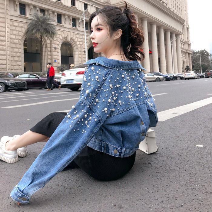 Áo Khoác Denim Dáng Ngắn Đính Hạt Thời Trang Cho Nữ