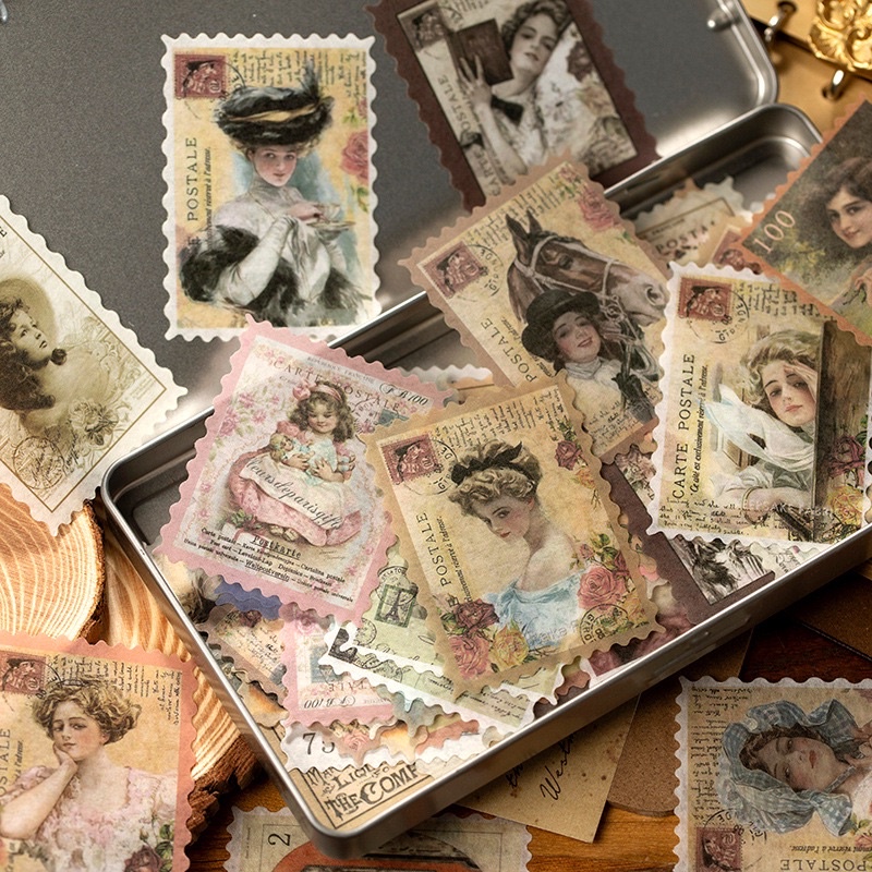 Set 45 Miếng dán tem nhãn dán vintage cổ điển trang trí sổ tay, phong thư