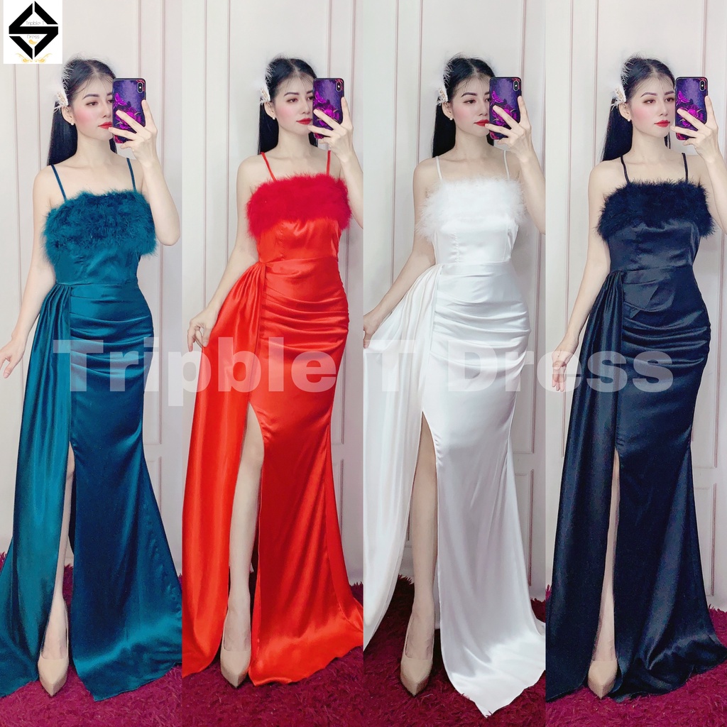 Đầm dự tiệc TRIPBLE T DRESS dáng maxi dài xẻ đùi phối lông - size S/M/L - MS400V