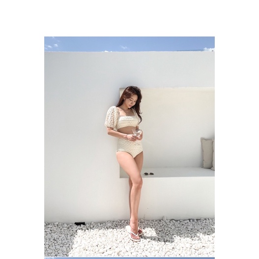 Bikini Quảng Châu 2 mảnh nữ ren nhập áo tay phồng quần cao che bụng cao cấp nhiều màu