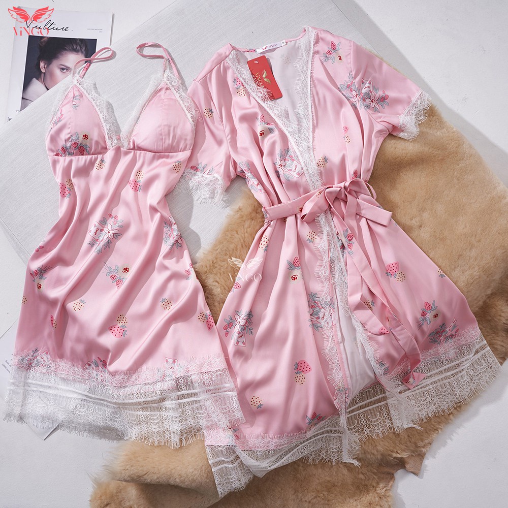 Áo choàng nữ áo ngủ lụa VINGO tay ngắn viền phối ren kèm dây buộc màu hồng thiết kế Vingo AC12 VNGO | BigBuy360 - bigbuy360.vn