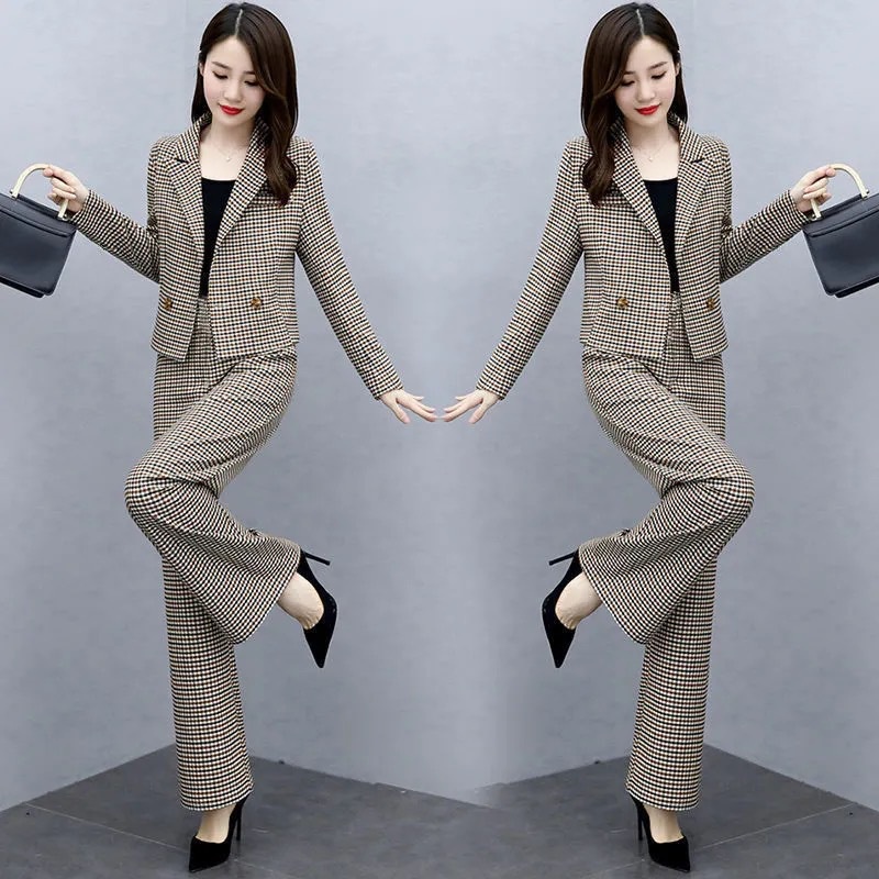 Bộ Áo Khoác Vest Tay Dài Kẻ Sọc + Quần Dài Ống Rộng Phong Cách Hàn Quốc Thời Trang Cho Nữ C8526
