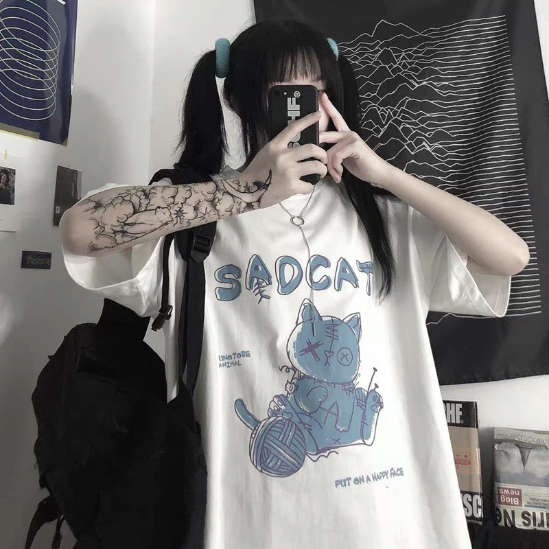 Áo thun tay lỡ form rộng unisex Sadcat dưới 75kg - áo phông nam nữ freesize in hình mèo phong cách ulzzang
