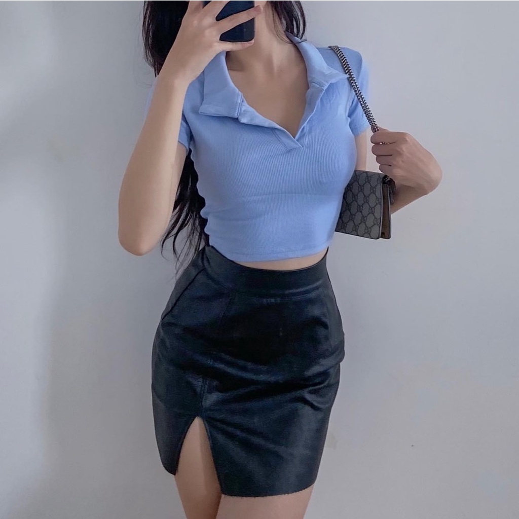 Áo croptop nữ tay ngắn HHVINTAGE kiểu polo basic thun co giãn TOP A66