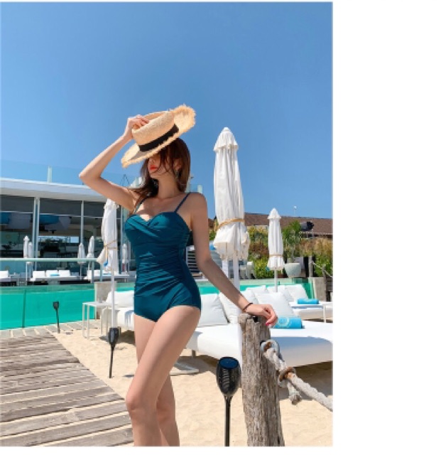 Bikini liền mảnh có gọng nâng ngực, nhún bụng màu xanh cổ vịt kín đáo