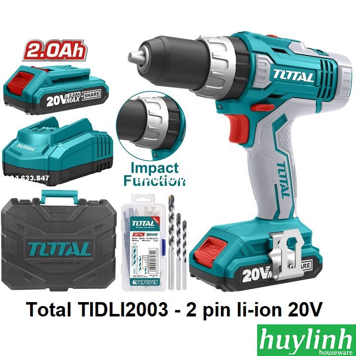 Freeship Máy khoan búa dùng pin Total TIDLI2003 - 2 Pin Li-ion 20V - 50 phụ kiện