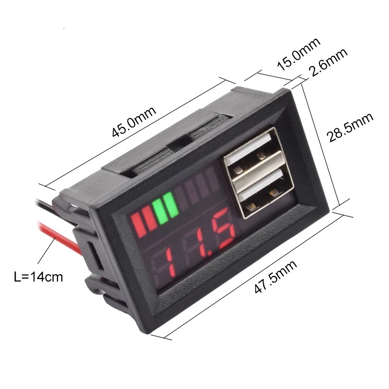 Vôn kế điện tử Ắc quy axit-chì 12-24VDC có 2 cổng USB