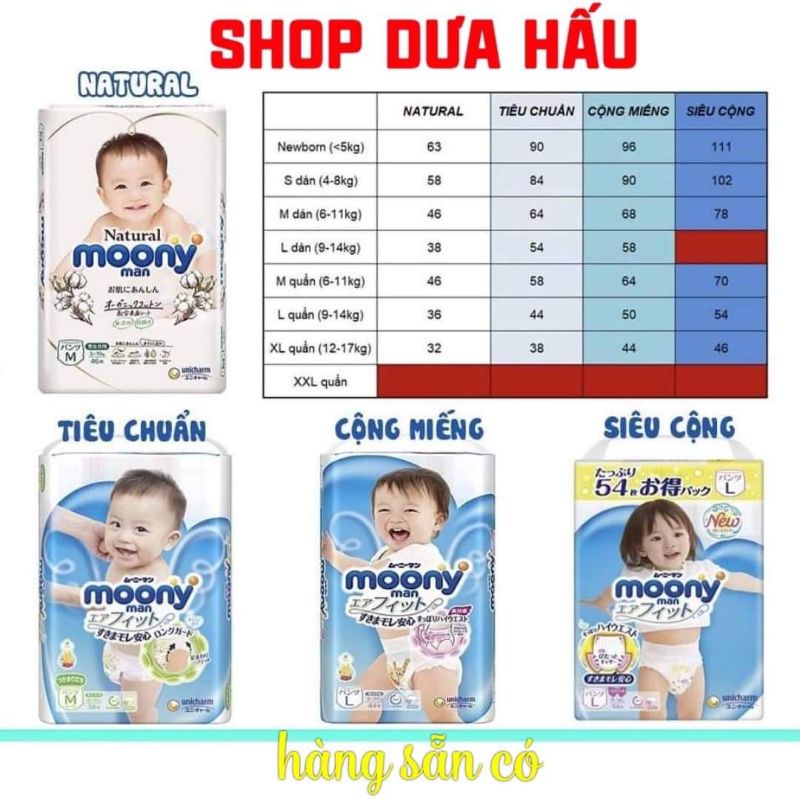 Bỉm /Tã Moony cộng miếng/ siêu cộng/ Natural/Tiêu chuẩn nội địa Nhật đủ size Nb96/S90/M68/ L54/ L44/ Xl44