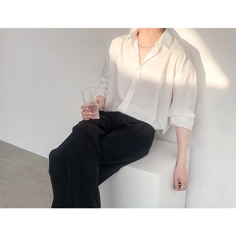 [M-3XL] Áo Sơ Mi Nam Tay Dài Dáng Rộng Vải Lụa Lạnh Mỏng Thoải Mái Phong Cách Hàn Quốc Dễ Phối Đồ