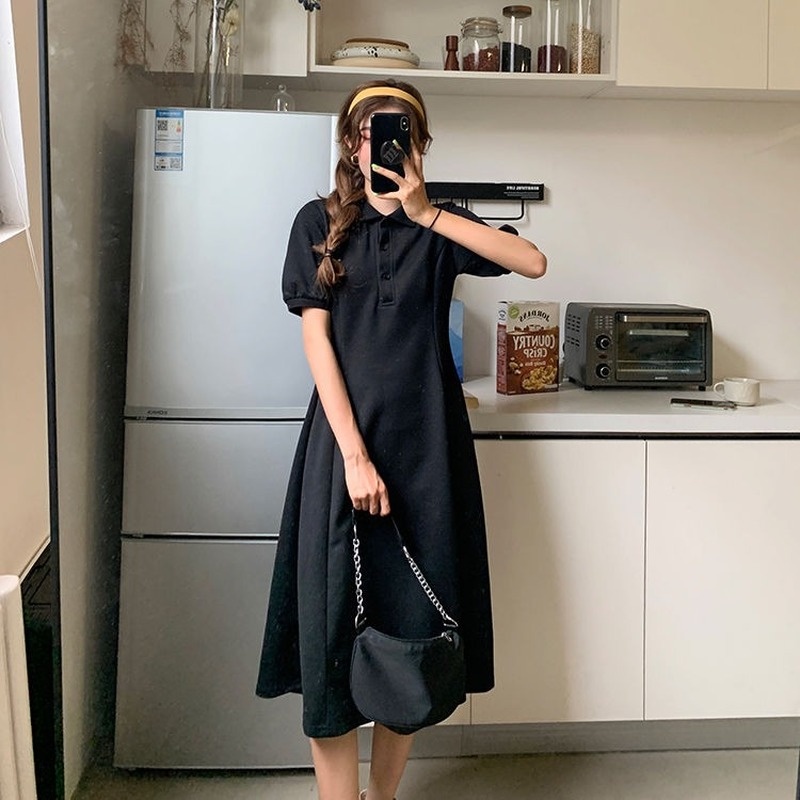 Đầm Tay Ngắn Phồng Cổ POLO Chiết Eo Phong Cách Pháp Thanh Lịch Hàng Mới