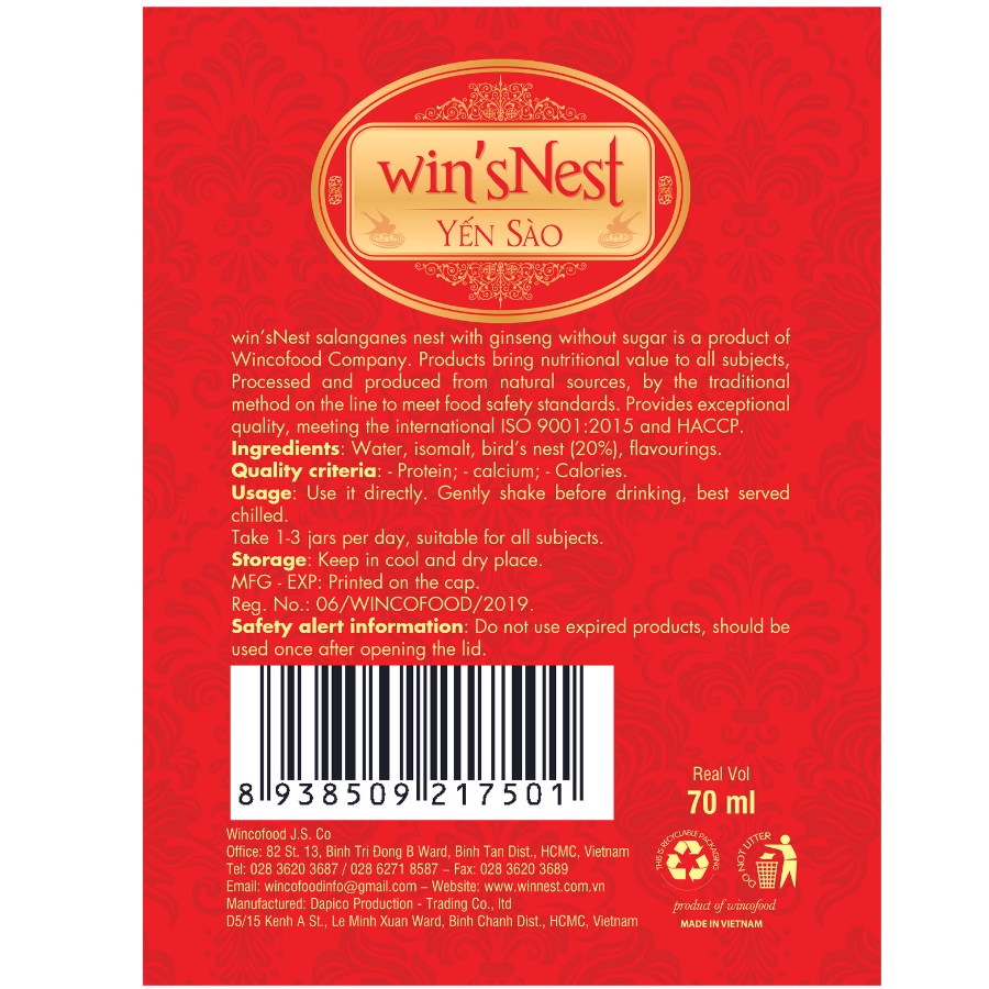 Yến Sào Win'snest Tổ Yến Chưng Sẵn Nhân Sâm Không Đường 20% (70ml/ Lọ)