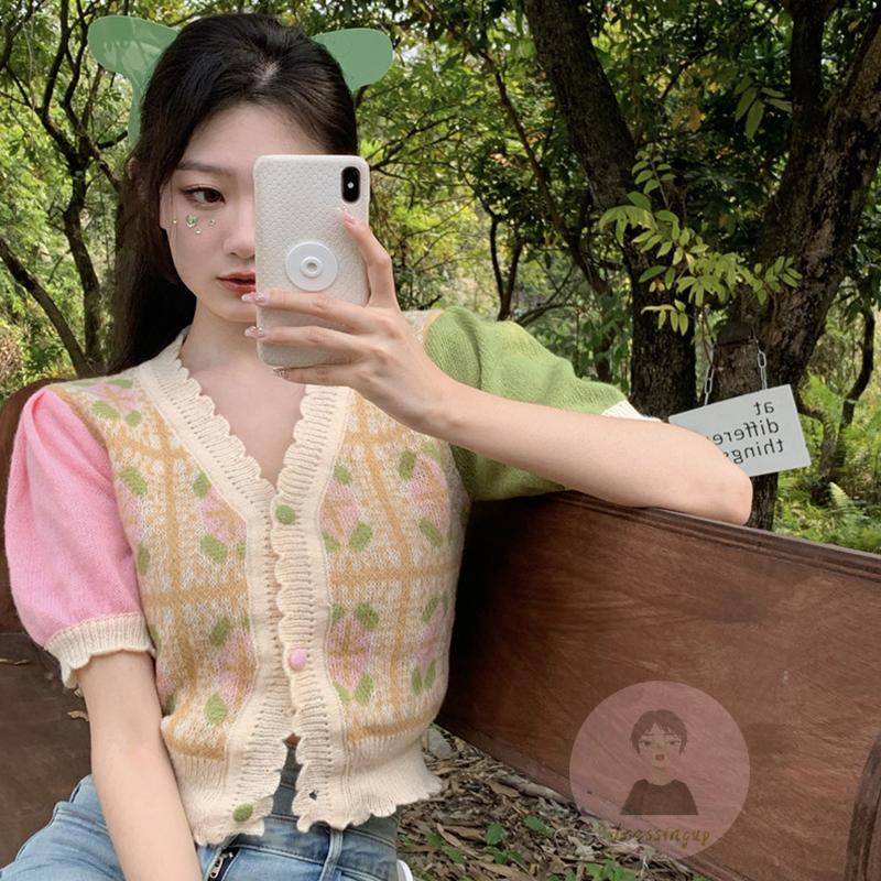 Áo Cardigan Ngắn Tay Cổ Chữ V Màu Sắc Tương Phản Phong Cách Vintage Dành Cho Nữ