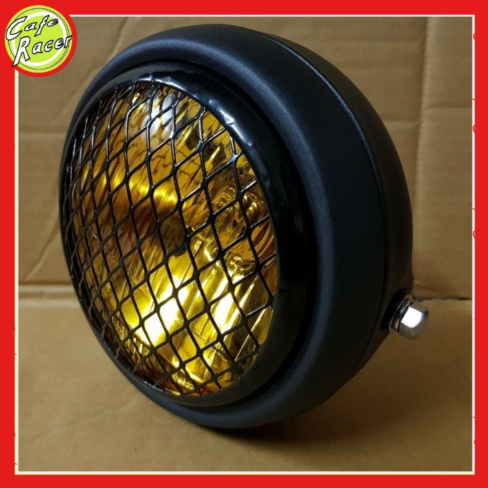 Đèn pha xe máy độ 6,5 icnh cho dòng xe classic gáo sắt sơn đen mặt kính thủy tinh sẵn lưới mắt cáo