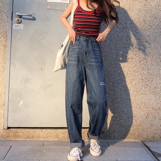 Quần baggy jeans ulzzang phối chữ có size lớn bigsize / quần bò ống rộng suông có kích thước lớn