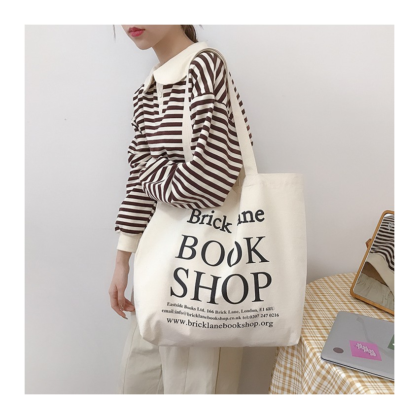 Túi vải túi tote canvas mềm hai mặt màu be Books