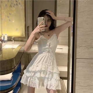 Đầm trắng 2 dây ren trắng Cúp ngực