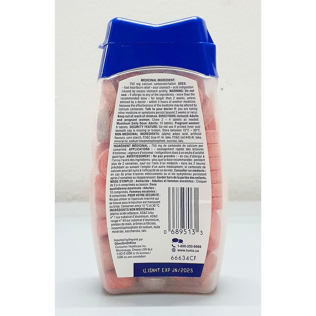 Kẹo ngậm hương trái cây hỗ trợ tiêu hoá Tums chai 100 viên từ Mỹ