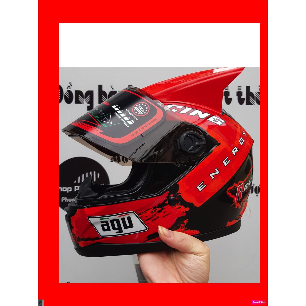 Mũ full face AGU 46 ĐỎ + SỪNG NHỌN + ĐUÔI GIÓ TẶNG FREE TÚI ĐỰNG MŨ helmet