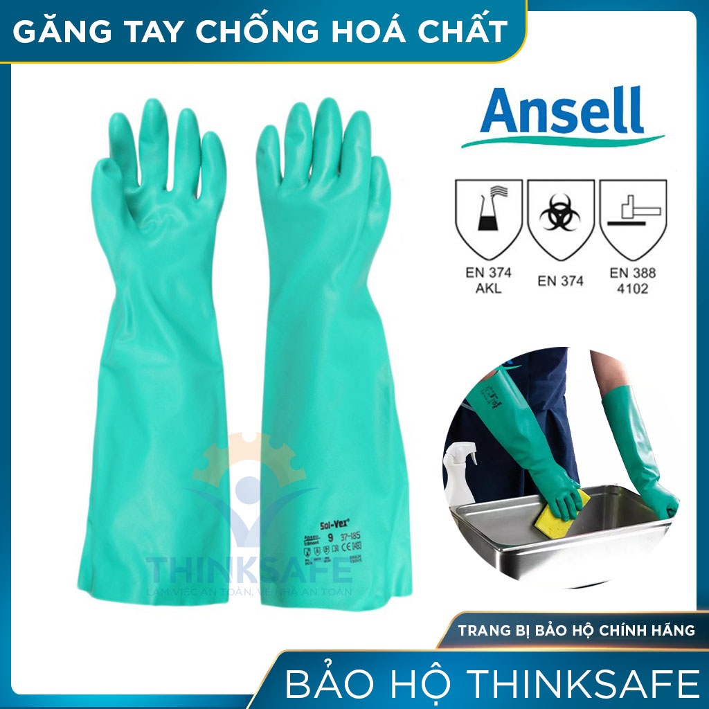 Găng cao su chống hóa chất Ansell Thinksafe, bao tay dài tới cánh tay, lao động và y tế, chống xăng dầu, đa dụng 37-185