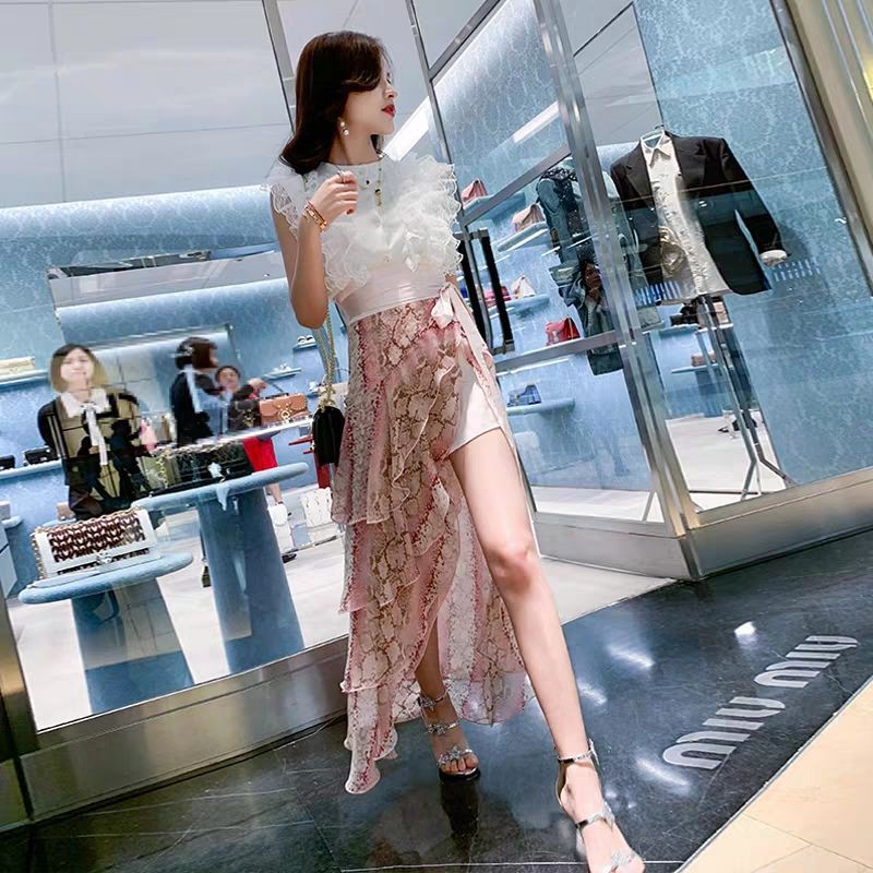 ♈Fairy suit female summer fashion 2021 new high-waist lace-up temperament small fresh women s half-length skirt Korean version