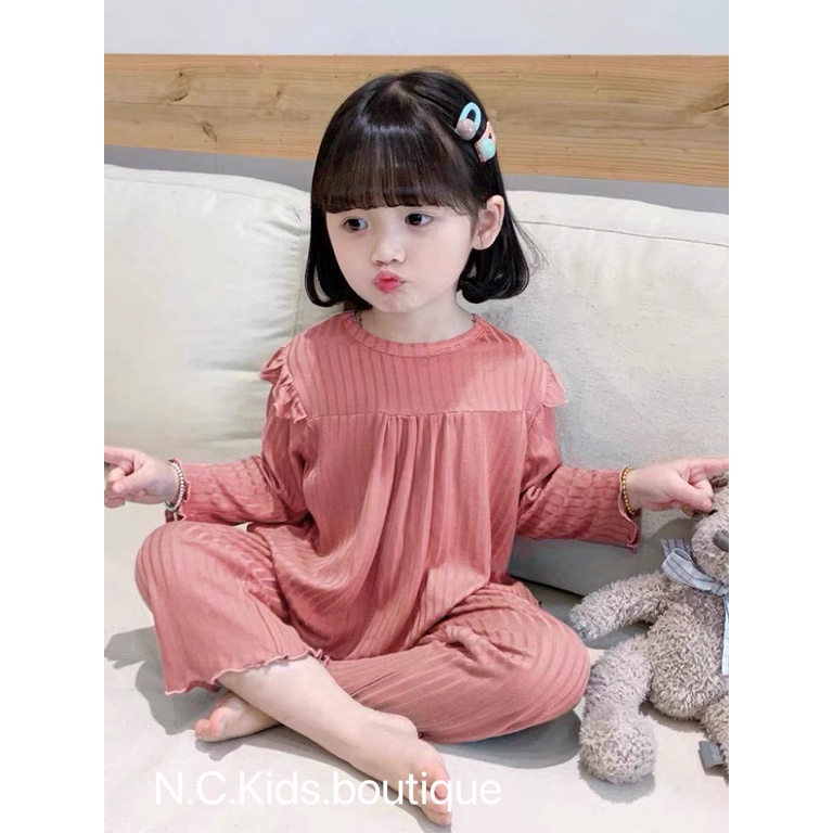 Bộ dài tay len tăm bé gái, bộ tăm đũa Quảng châu bèo vai ống rộng dáng xòe xinh xắn cho bé