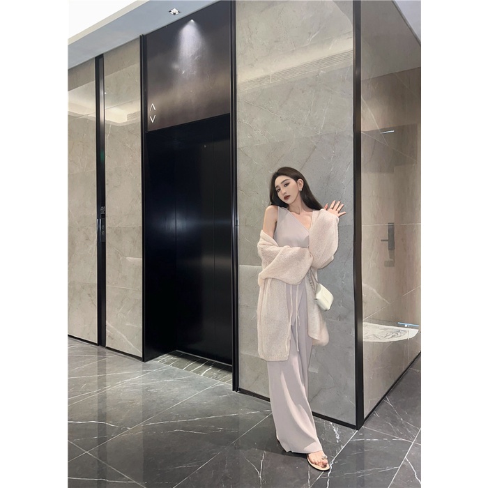 DUNEA Set Áo Tank Top + Áo Khoác Cardigan Dệt Kim + Quần Dài Thời Trang Nữ