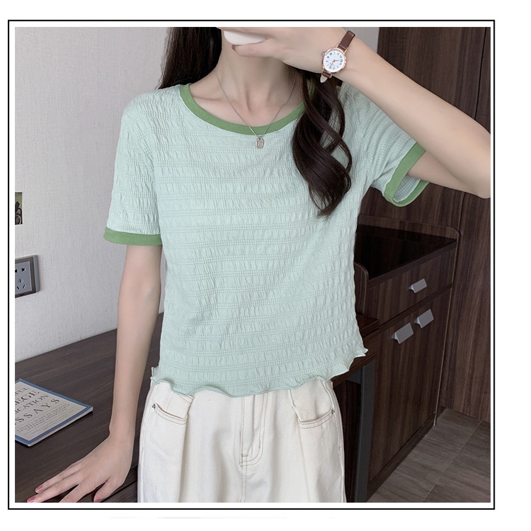 Áo Thun Chiffon Ngắn Tay Cổ Tròn Phối Bèo Màu Sắc Tương Phản Phong Cách Hàn Quốc Cho Nữ