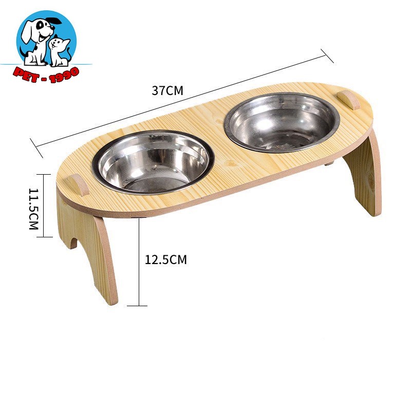 Bát Ăn Đôi Ruột Inox Đế Gỗ Nghiêng 15 Độ Giúp Chống Gù, Bảo Vệ Cột Sống Cho Thú Cưng