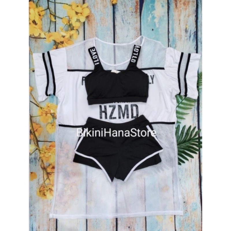 Y hình - Set 3 món bikini, đồ bơi nữ đồ tập nữ kiểu dáng Hàn Quốc kèm áo lưới mặc ngoài, phù hợp học sinh, sinh viên