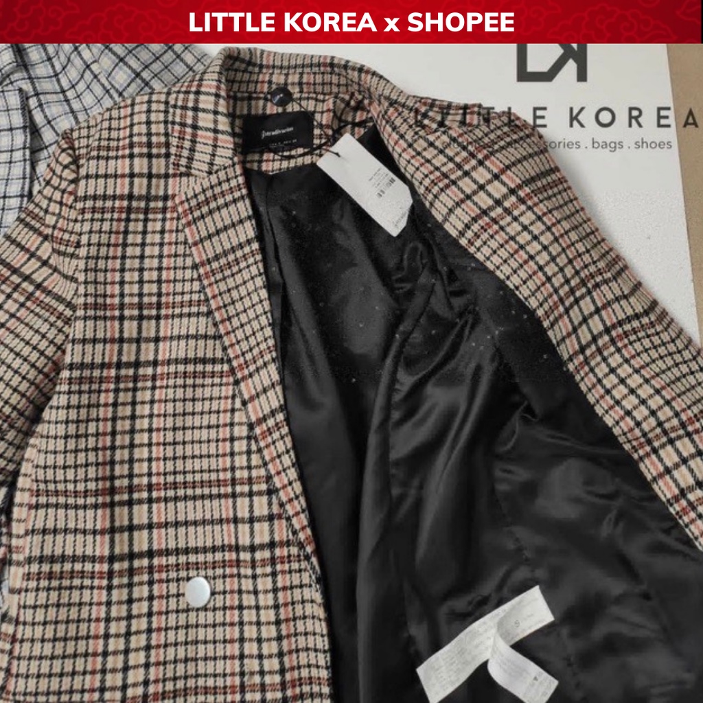 Áo Khoác Dạ Nữ, Áo Blazer Nữ 2 Lớp Dáng Dài Kẻ Caro STRA Xuất Dư - LITTLE KOREA