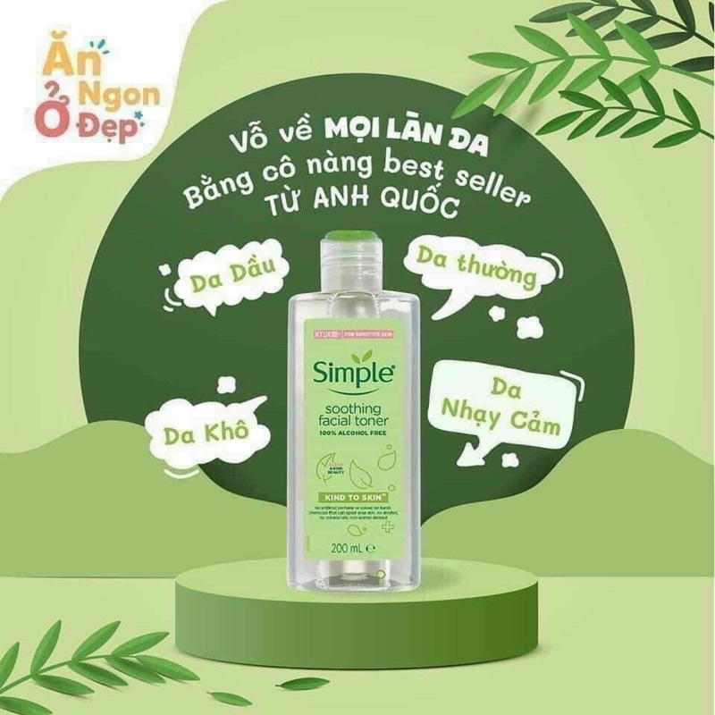 Nước hoa hồng Simple Toner làm dịu và cân bằng độ ẩm cho da - lành tính không chứa cồn 200ml