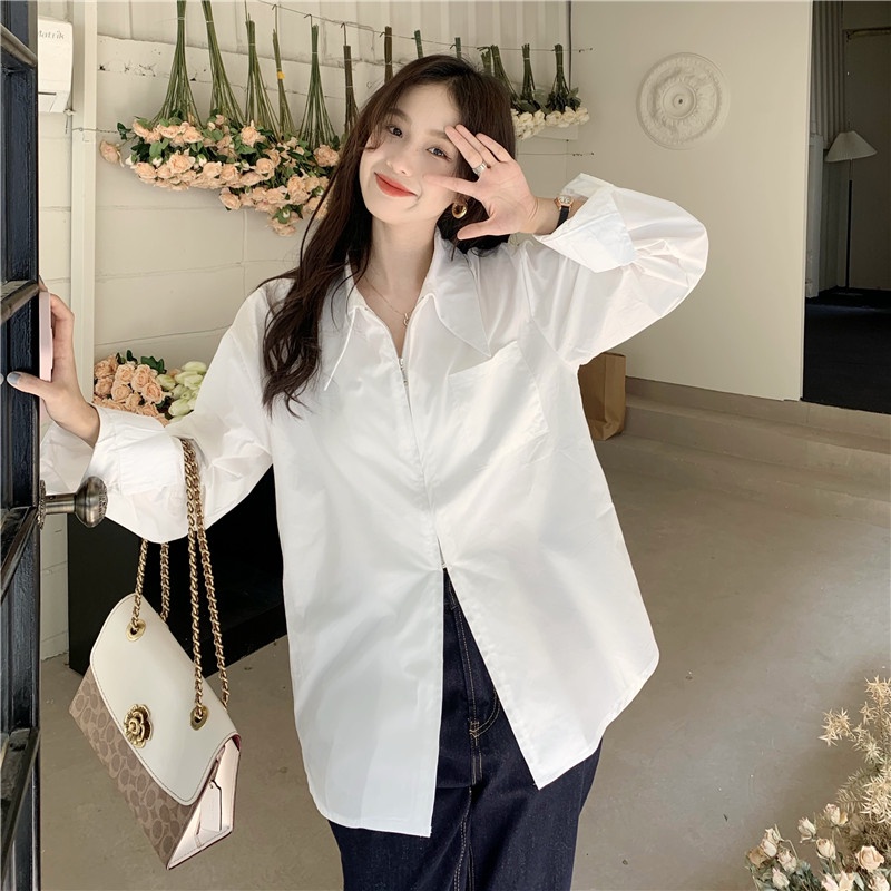 Áo sơ mi trắng tay dài cổ polo dáng rộng có khóa kéo đôi phong cách retro Mỹ thời trang cho nữ