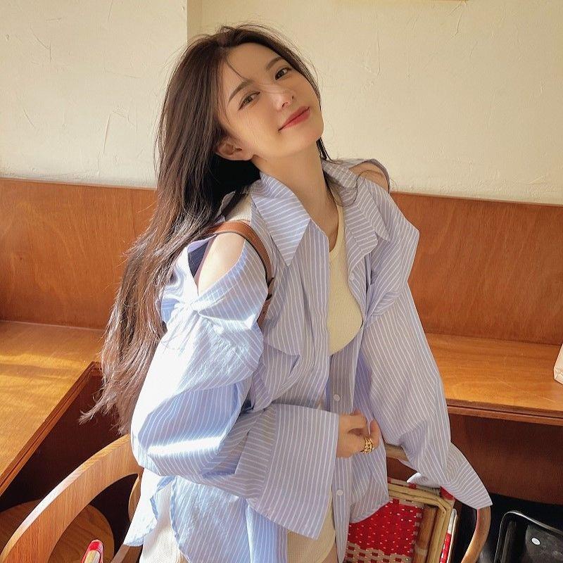 [Delivery Within 48 Tiếng] Áo Sơ Mi Dài Tay Hở Vai Kẻ Sọc Kiểu Hàn Quốc Cho Nữ