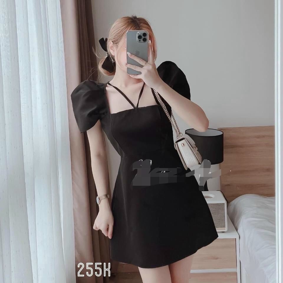 Đầm Trắng Form A Cổ Vuông 2 Dây Yếm V Tay Phồng Thanh Nhã Cho Các Nàng