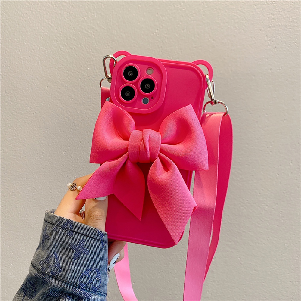 Ốp Điện Thoại Dẻo In Hình Nơ 3D Có Dây Đeo Chéo Cho iPhone 14 Pro Max Plus 12 13 11 Pro Max X XR